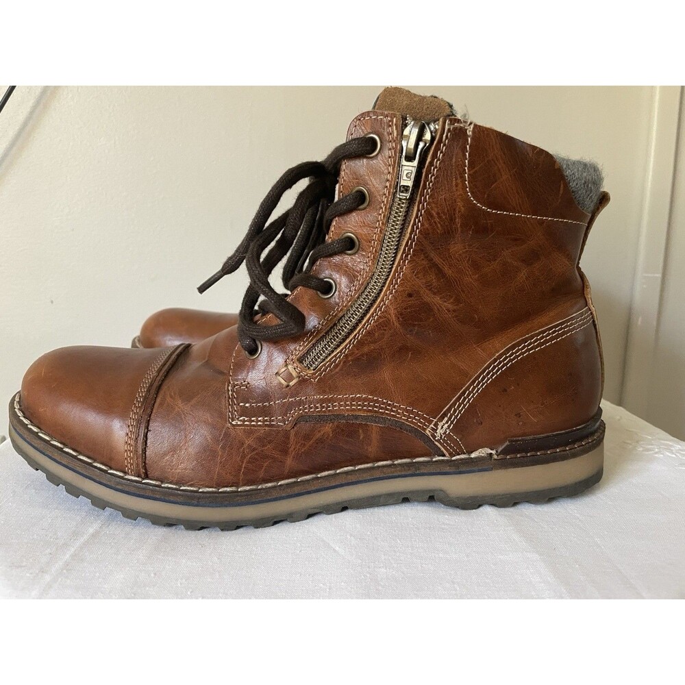 ALDO Portugal Men’s 10 Brown Leather Canvas Cap Toe Combat Boots Side Zip Cognac